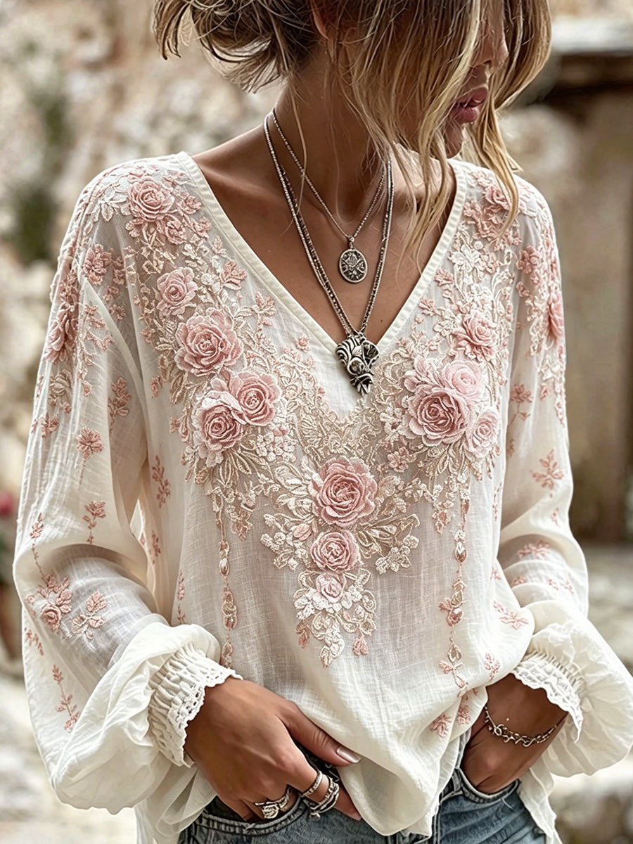 Damen Edles rosa Rosen-Print V-Ausschnitt Baumwoll-Leinen hemd