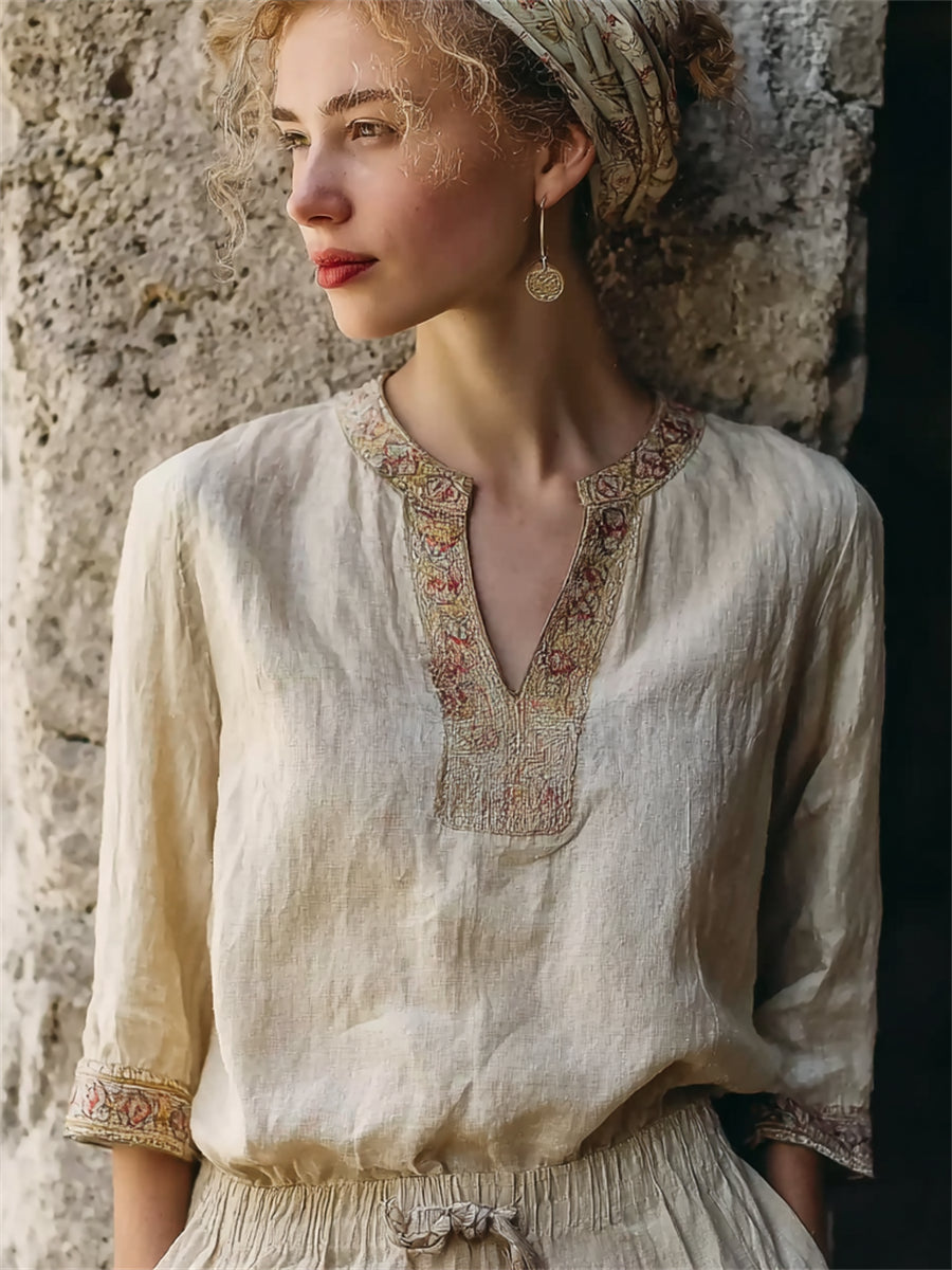 Damen Vintage Boho Bordered Kerb Hals Leinen Tunika