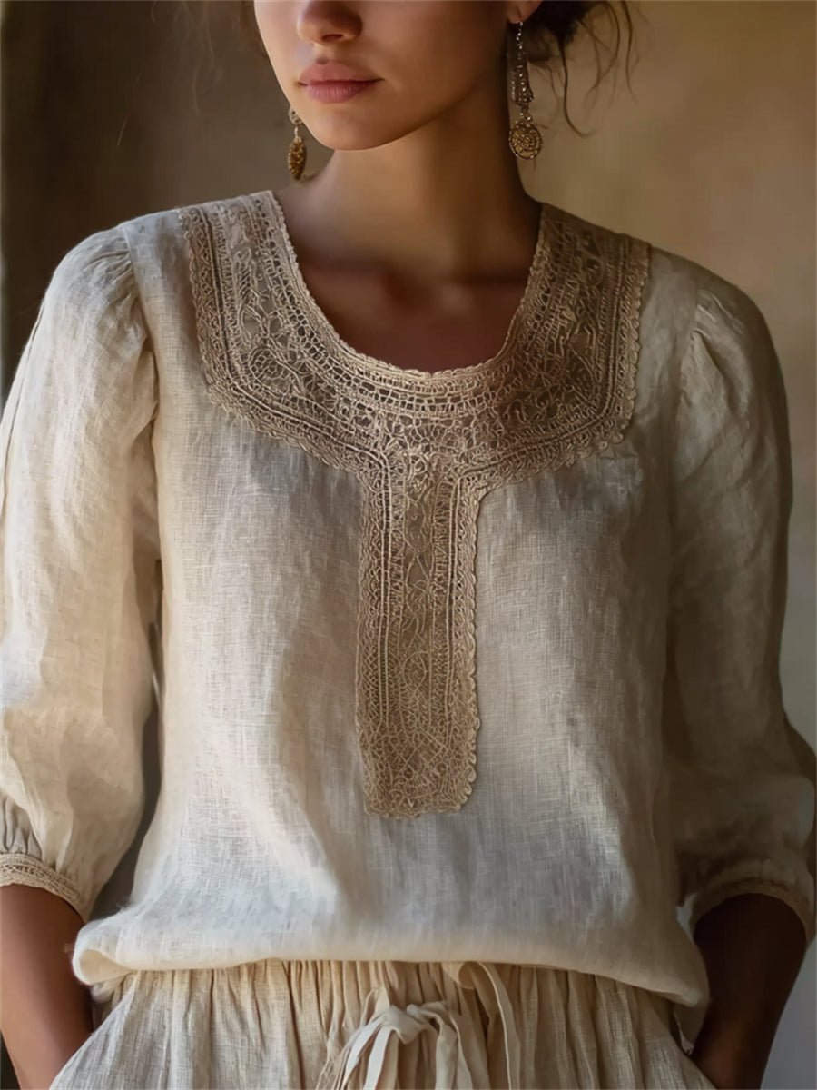 Damen Vintage Print Puff Ärmel Leinen Tunika