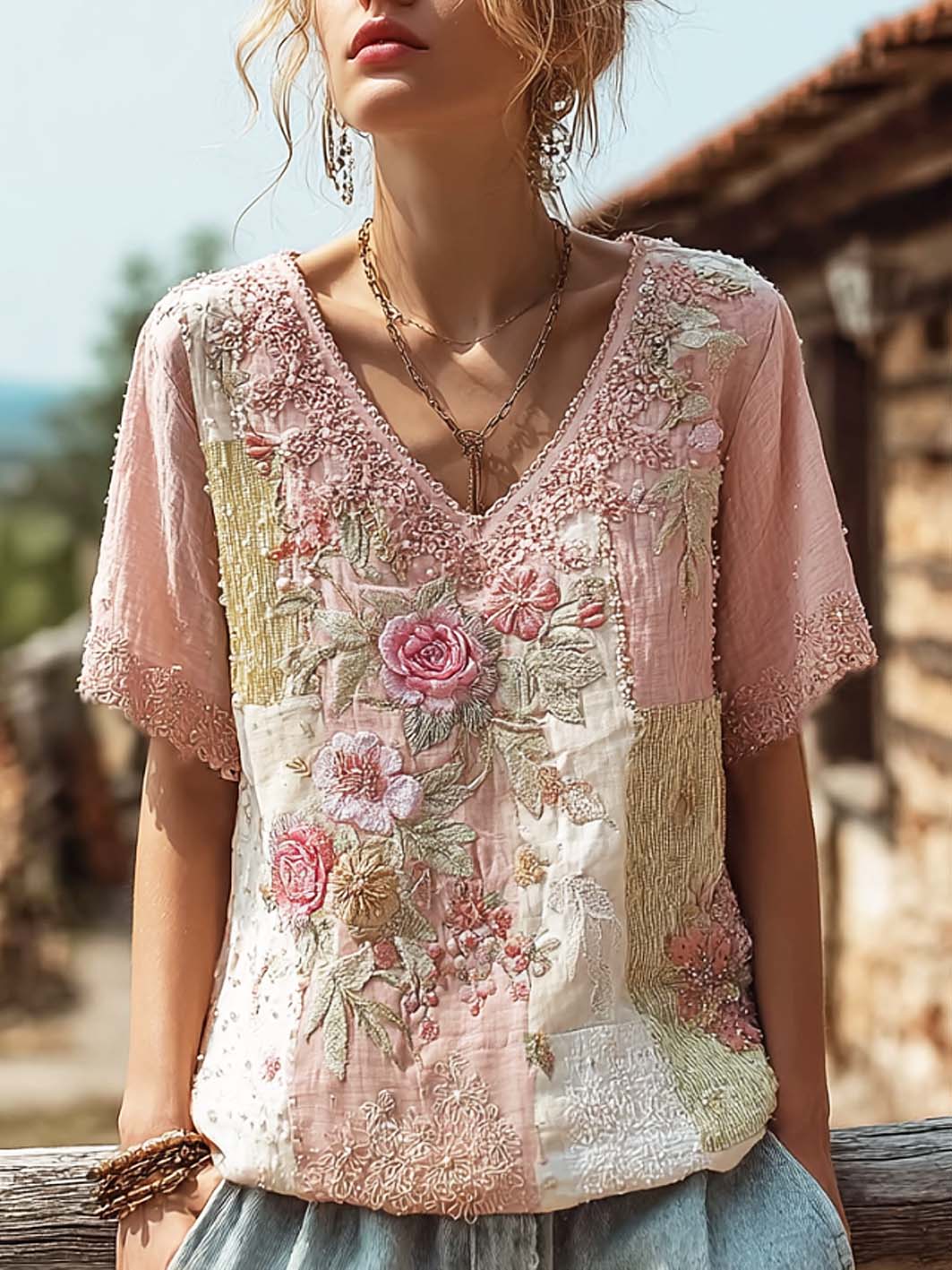 Damen-T-Shirt aus Baumwolle und Leinen mit retro-motiviertem, rosa Blumenmuster