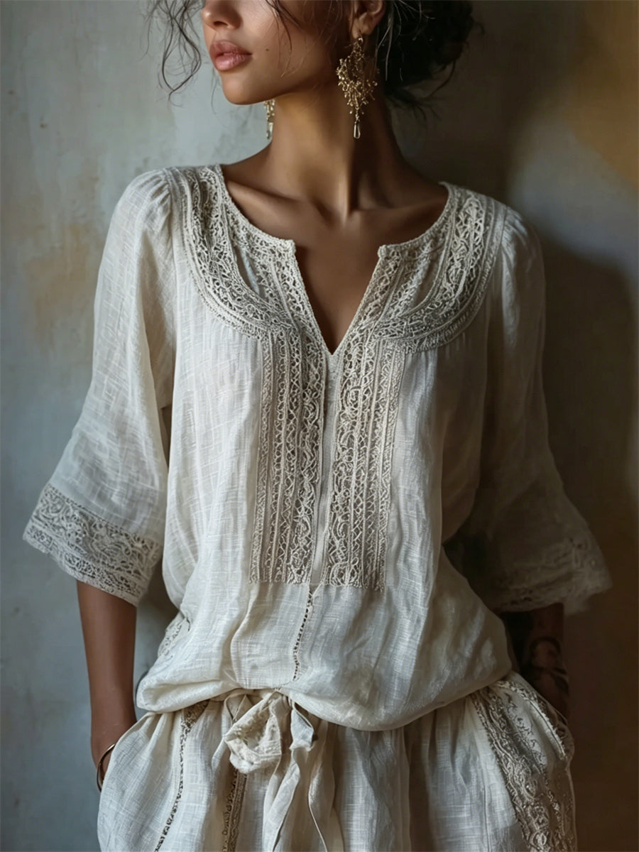 Damen Vintage Klassische Spitze Kunst Druck Kerb Hals Leinen Tunika