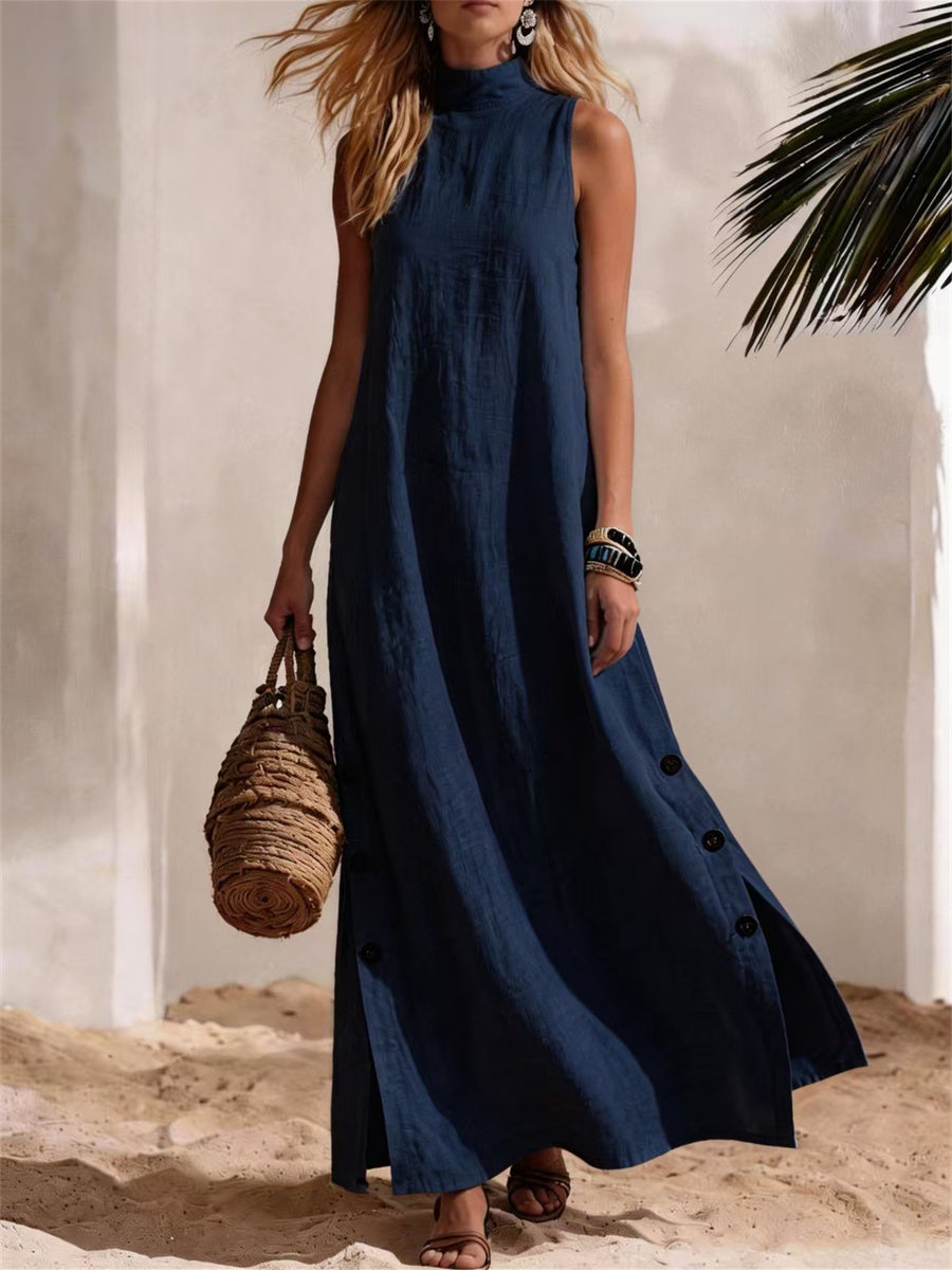 Damen-Lässiges Maxikleid aus Leinen mit Schlupfkragen, Knopfleiste und seitlichen Schlitzen