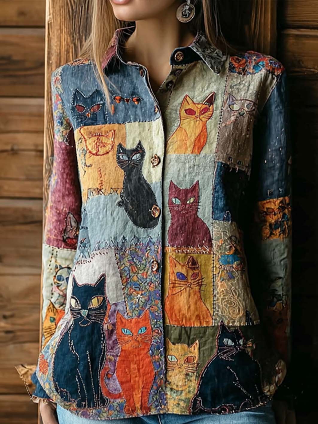 Freizeit hemd mit Retro-Retro-Katzen druck