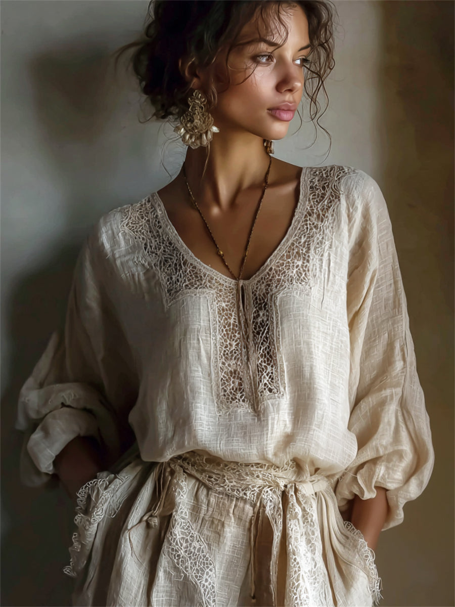 Damen Vintage Leinen hemd mit Spitzen druck