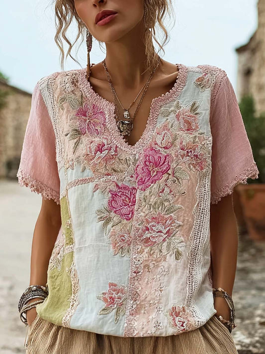 Damen-T-Shirt aus Baumwolle und Leinen mit retro-motiviertem, rosa Blumenmuster