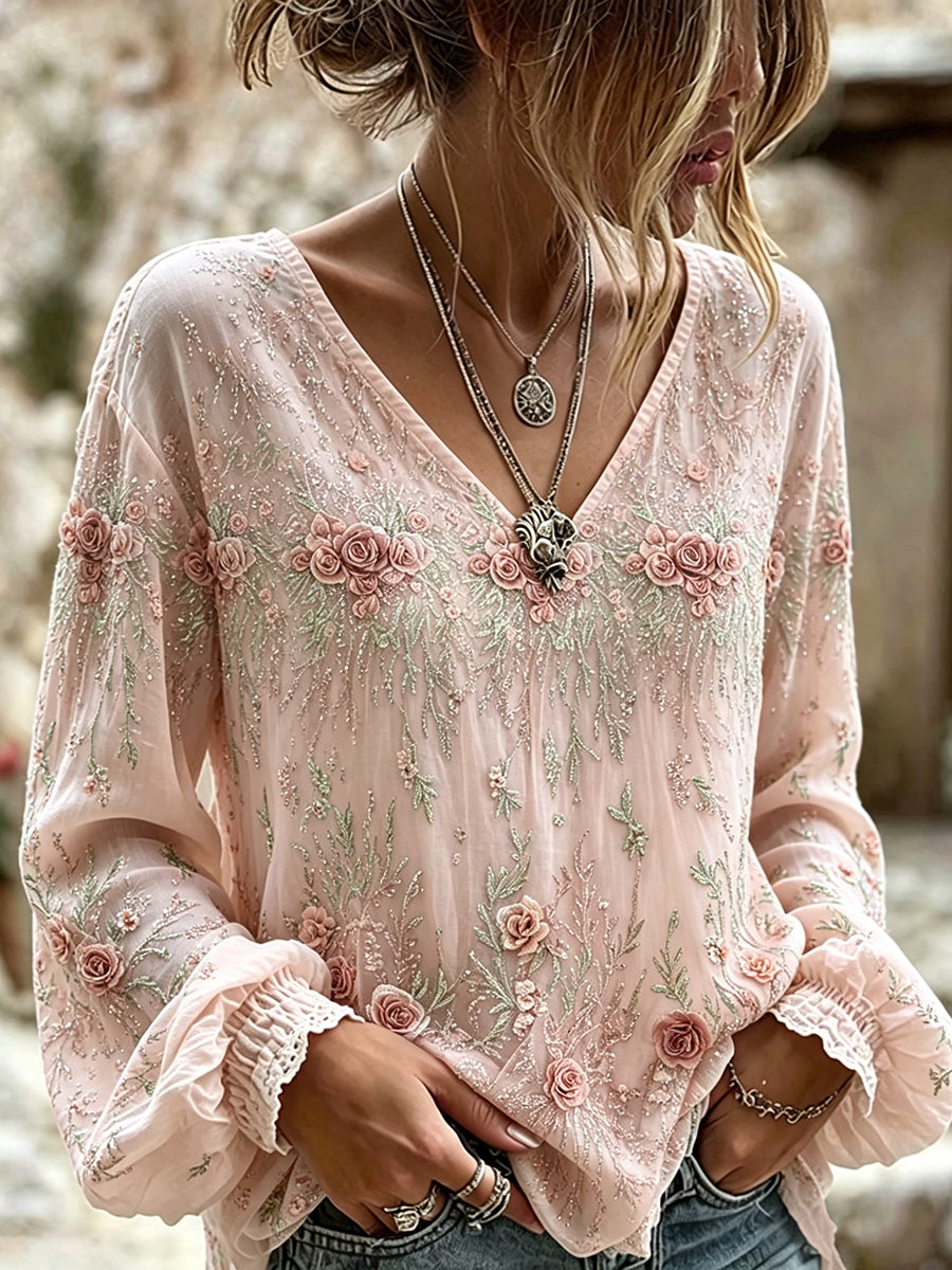Frauen Vintage rosa Rosen Glitzer Kunstdruck Baumwoll-Leinen hemd