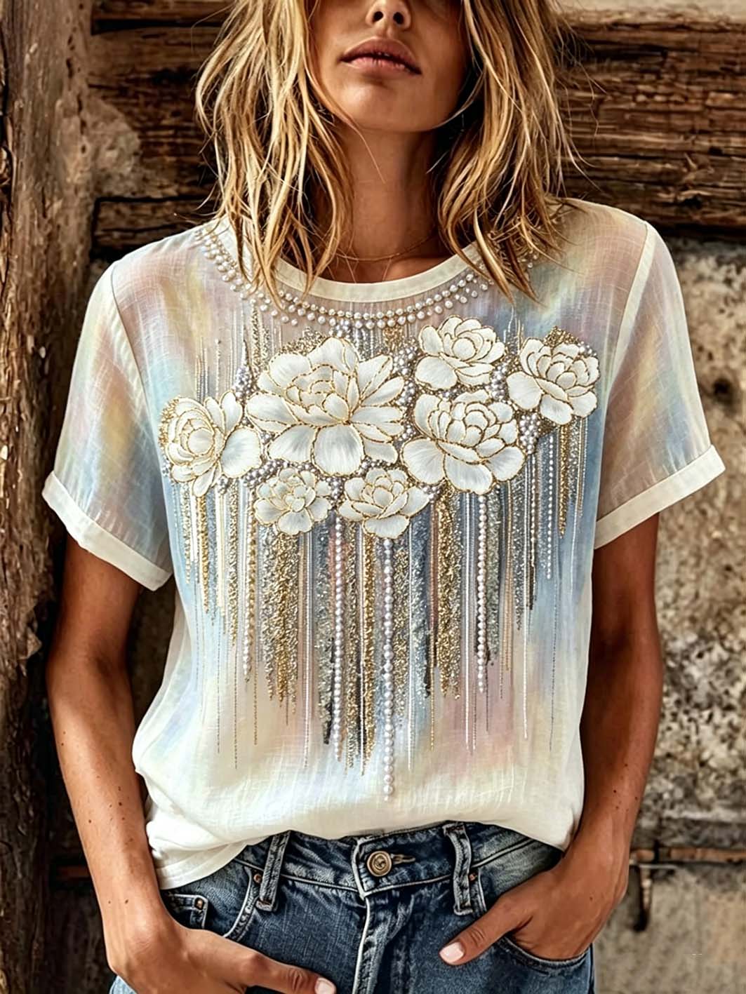 Kurzarm-T-Shirt aus Baumwolle und Leinen mit Blumenmuster bedruckt