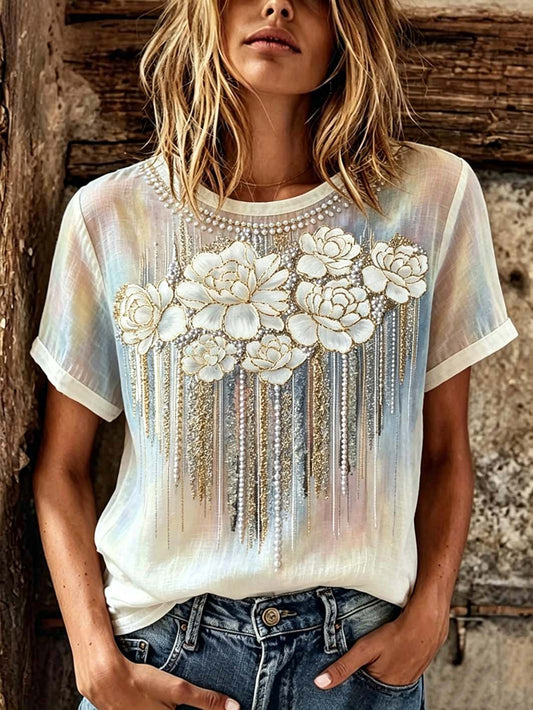 Kurzarm-T-Shirt aus Baumwolle und Leinen mit Blumenmuster bedruckt