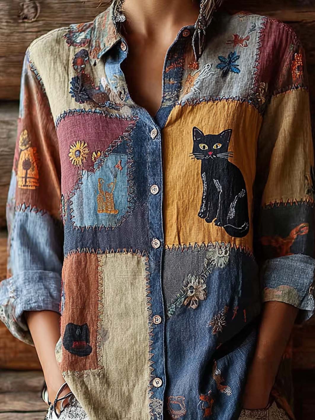 Damen-Retro-Lässighemd mit niedlichem Katzenmuster