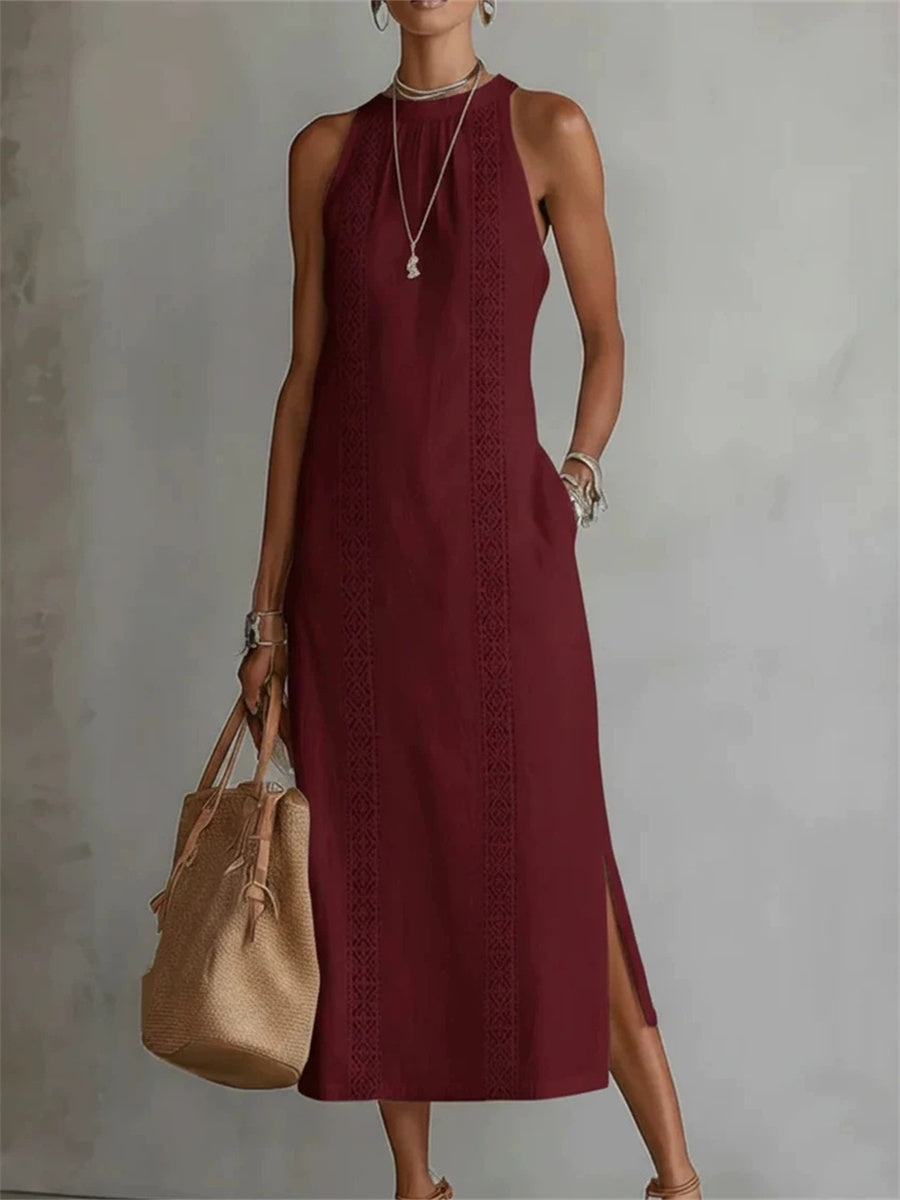 Damen-elegantes, schlichtes ärmelloses Leinen-Maxikleid mit seitlichem Schlitz