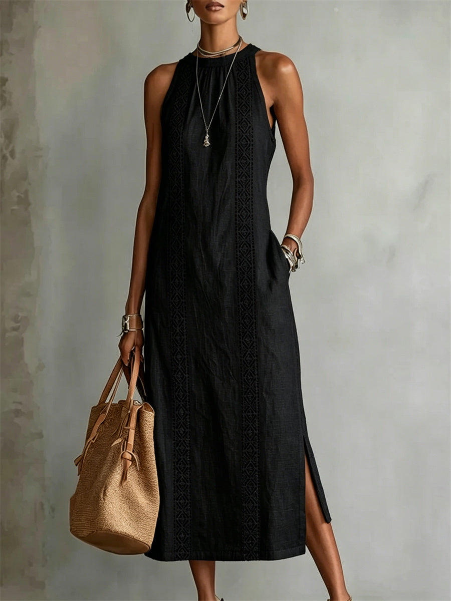 Damen-elegantes, schlichtes ärmelloses Leinen-Maxikleid mit seitlichem Schlitz