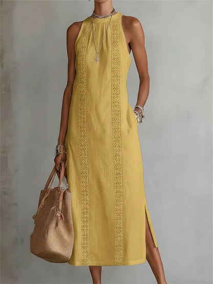 Damen-elegantes, schlichtes ärmelloses Leinen-Maxikleid mit seitlichem Schlitz