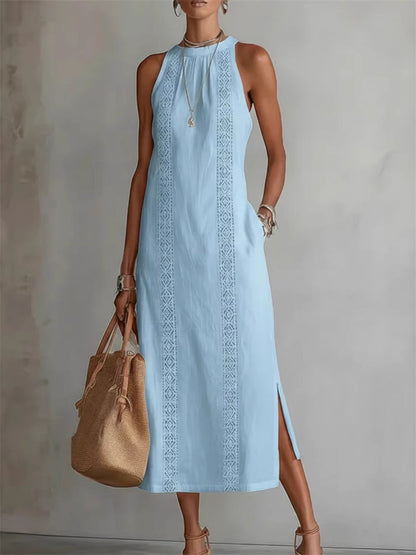 Damen-elegantes, schlichtes ärmelloses Leinen-Maxikleid mit seitlichem Schlitz