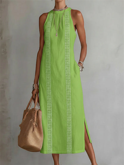 Damen-elegantes, schlichtes ärmelloses Leinen-Maxikleid mit seitlichem Schlitz