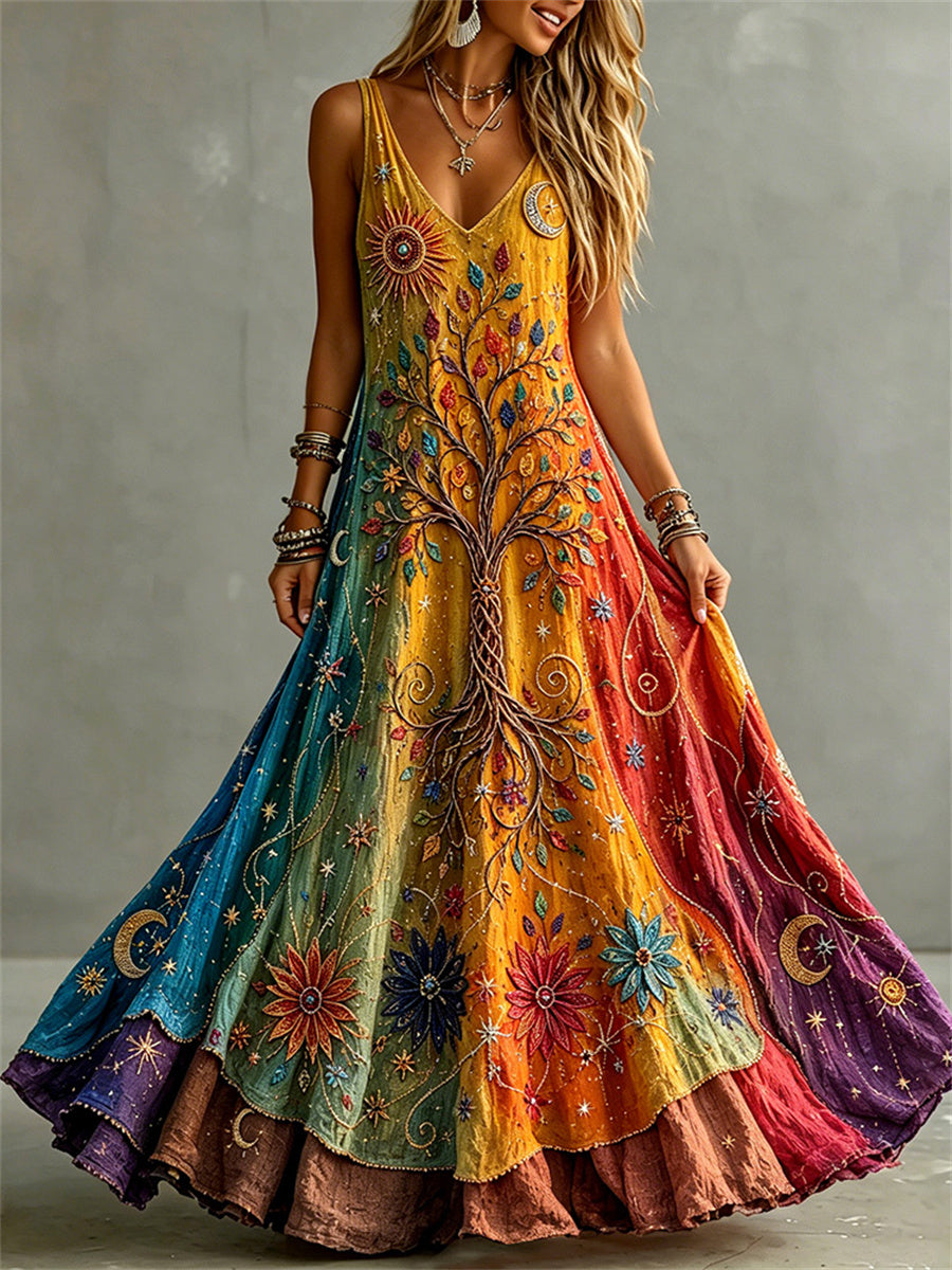 Damen-Viking-Kleid mit Lebensbaum-Motiv, hippiehaftem Blumenmuster und Farbverlauf, Maxikleid