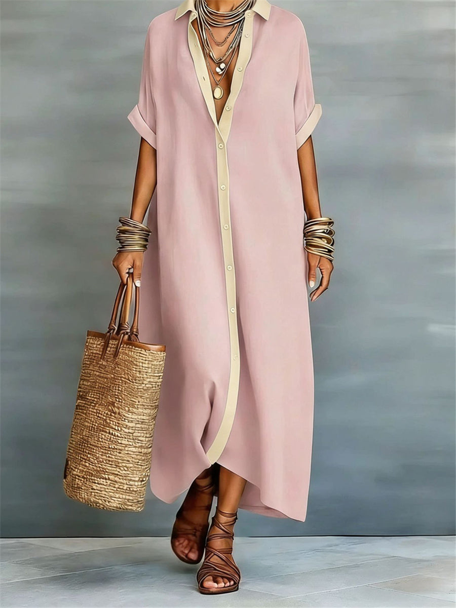 Einfaches Maxikleid für Damen mit kontrastfarbener Knopfleiste, fließendem Schnitt und kurzen Ärmeln