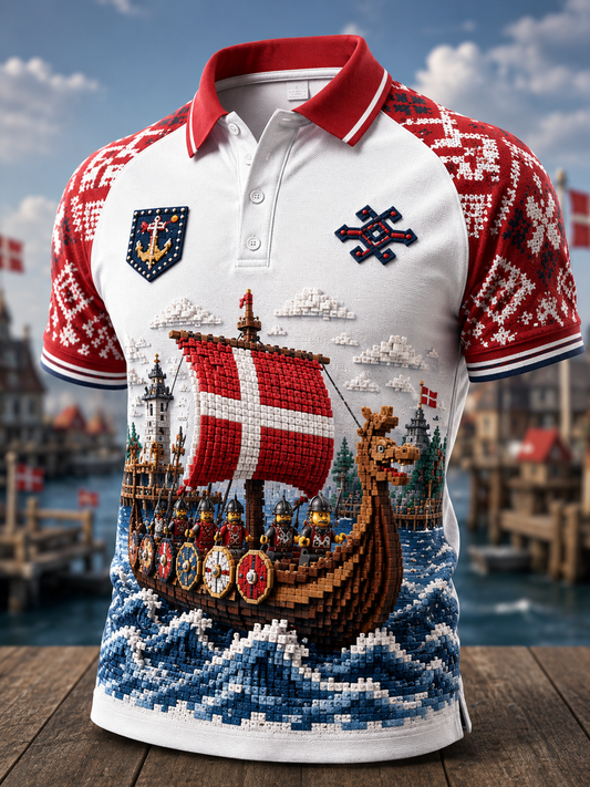 Herren-Poloshirt mit dänischem Wikinger-Artwork-Druck