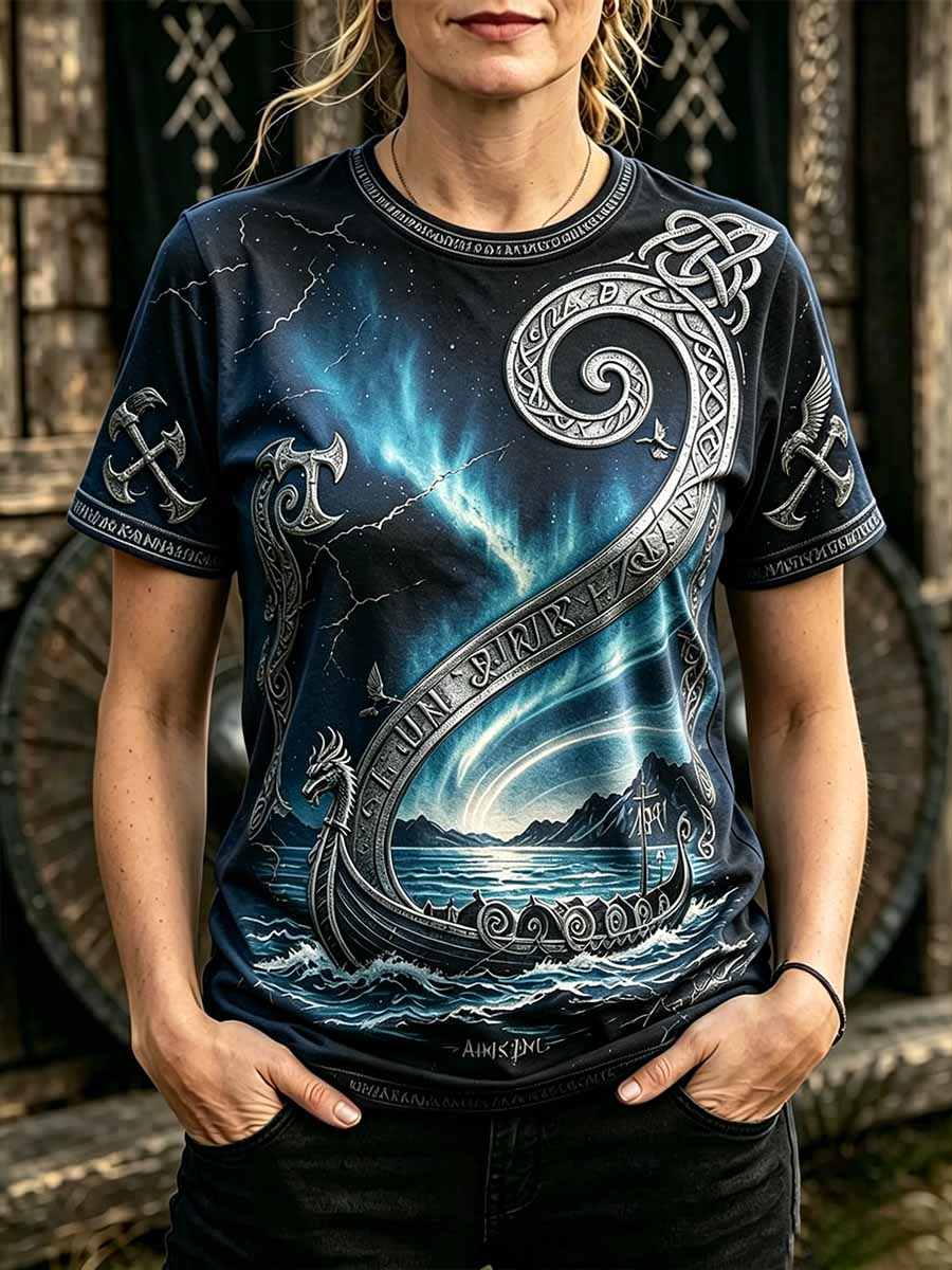 Damen-Retro-T-Shirt mit Wikinger-Muster