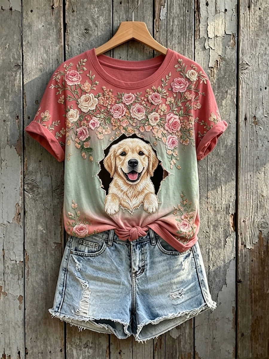 Damen-T-Shirt mit süßem Blumenmuster und Golden-Retriever-Print, kurzärmelig