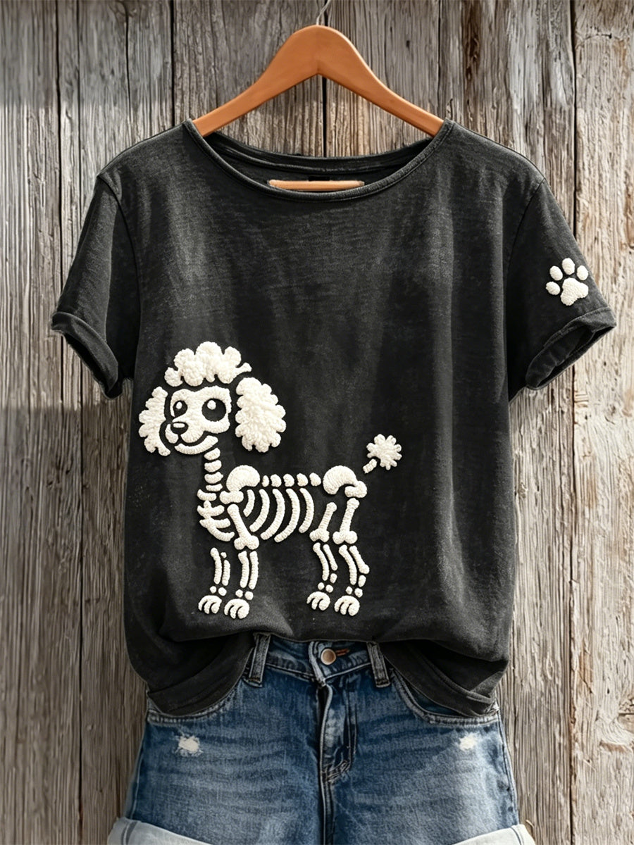 Damen-T-Shirt mit niedlichem Skelett-, Pudel- und Pfotenabdruck-Design, kurzärmelig