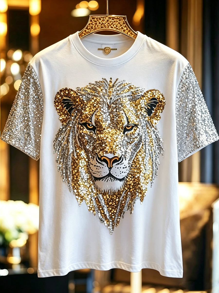Herren-T-Shirt mit glänzendem Tier-Löwen-Druck, in Vintage-Optik, modisch und weit geschnitten, mit kurzen Ärmeln