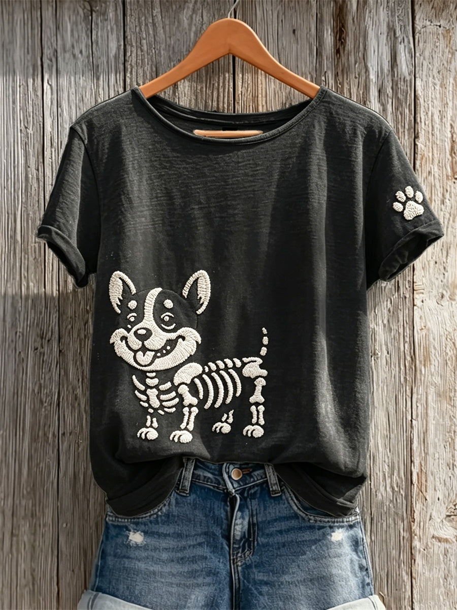 Damen-T-Shirt mit niedlichem Skelett-Corgi-Hund und Pfotenabdruck, kurzärmlig