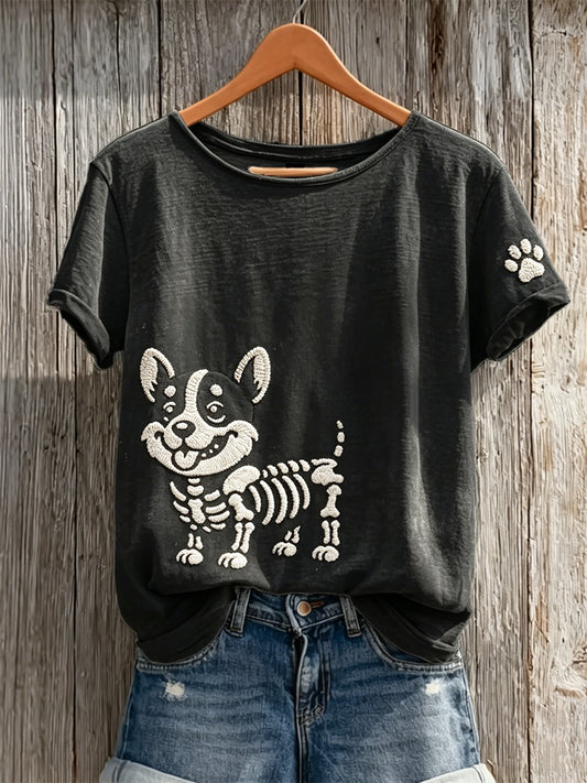 Damen-T-Shirt mit niedlichem Skelett-Corgi-Hund und Pfotenabdruck, kurzärmlig