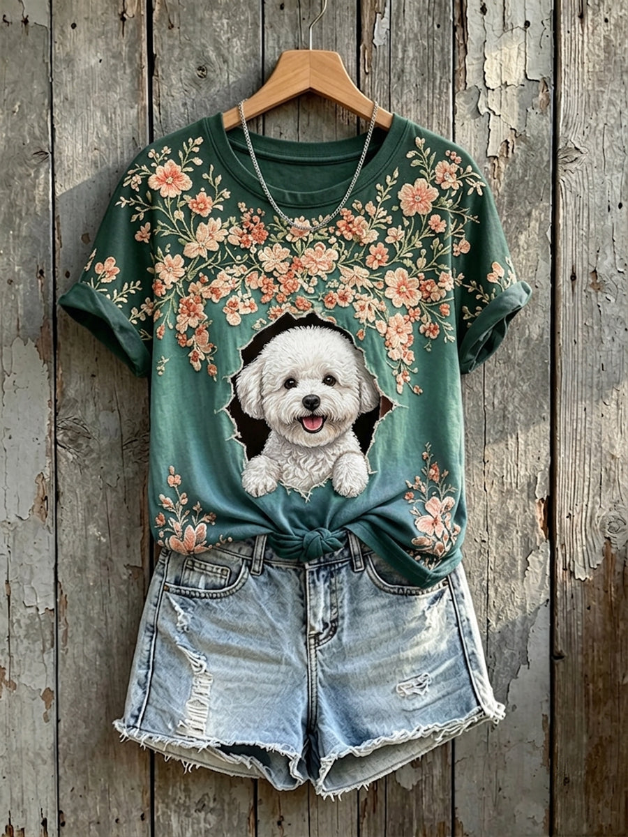 Damen-T-Shirt mit niedlichem Blumenmotiv und Bichon-Frise-Hund – Kunstprint, Kurzarm