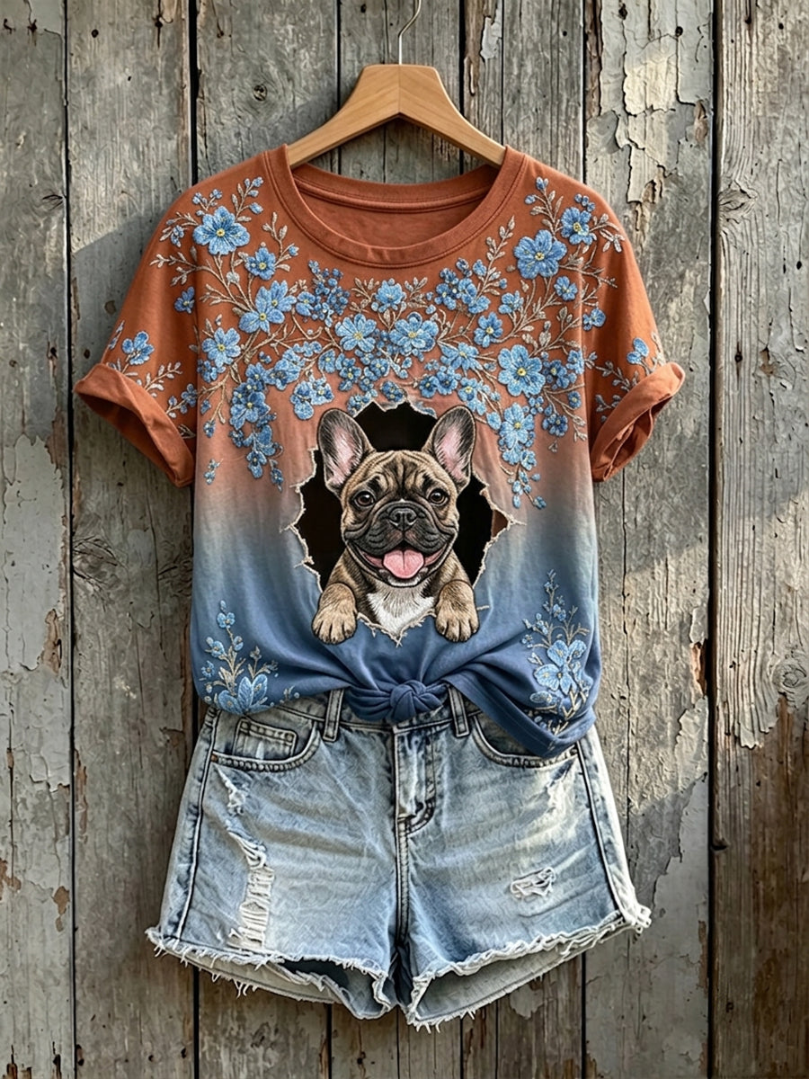 Damen-T-Shirt mit niedlichem Blumenmotiv und französischem Bulldoggen-Artprint, kurzärmelig