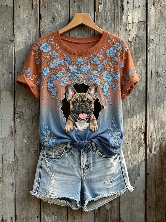 Damen-T-Shirt mit niedlichem Blumenmotiv und französischem Bulldoggen-Artprint, kurzärmelig