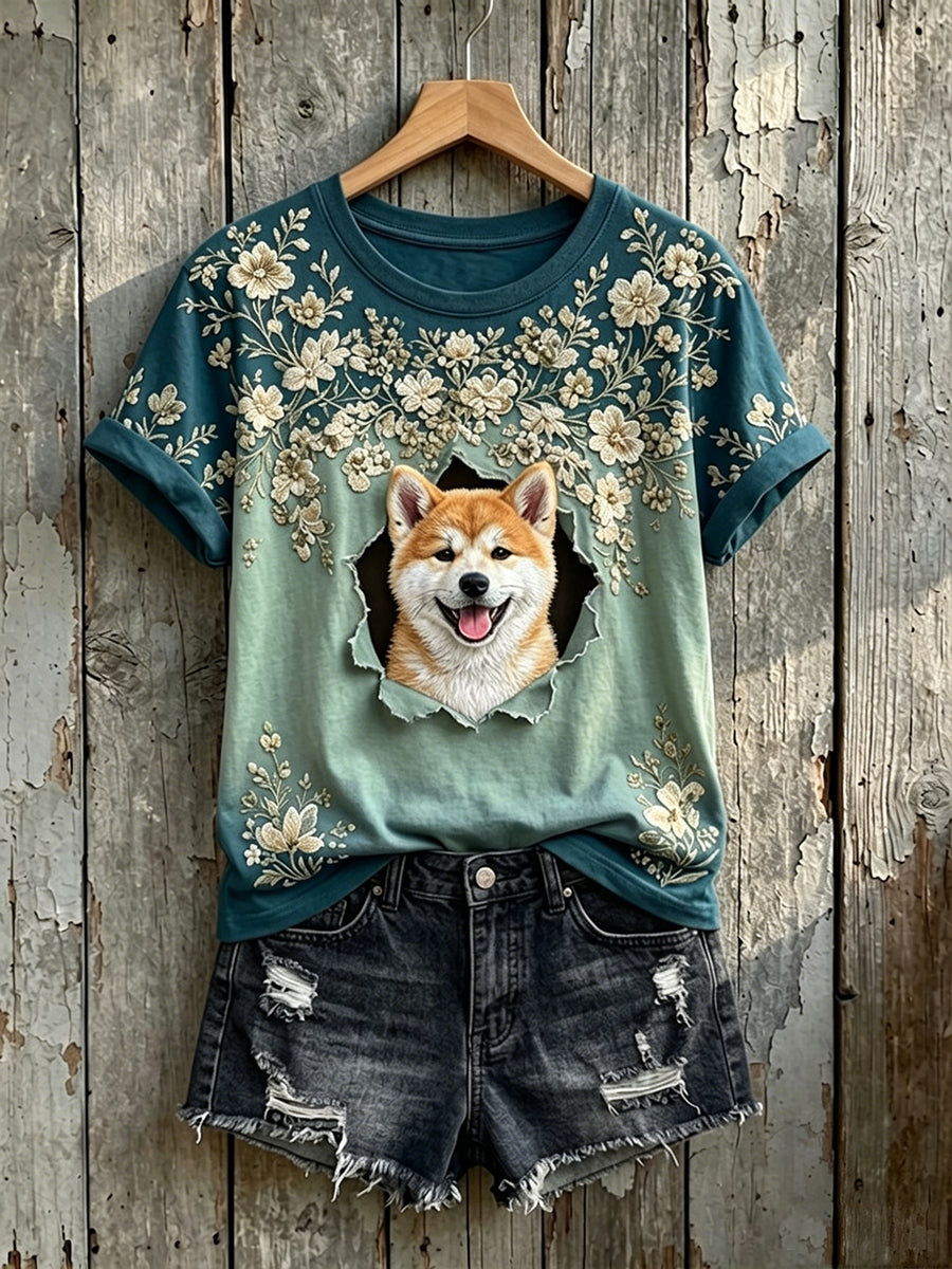 Damen-T-Shirt mit süßem Blumen- und Shiba-Inu-Print, kurze Ärmel
