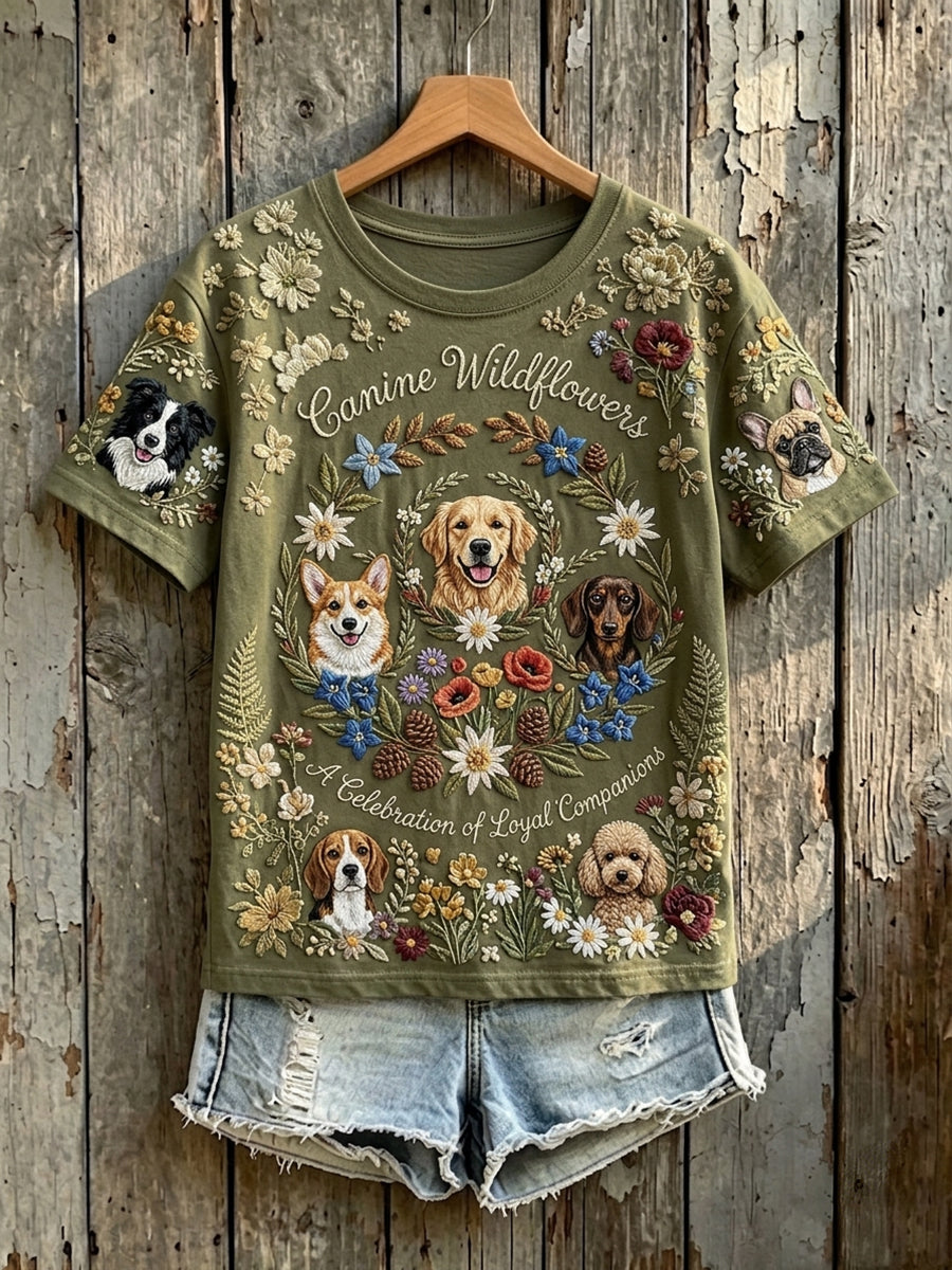 Damen-T-Shirt mit Blumen- und Hunde-Print, kurze Ärmel – Eine Hommage an treue Begleiter
