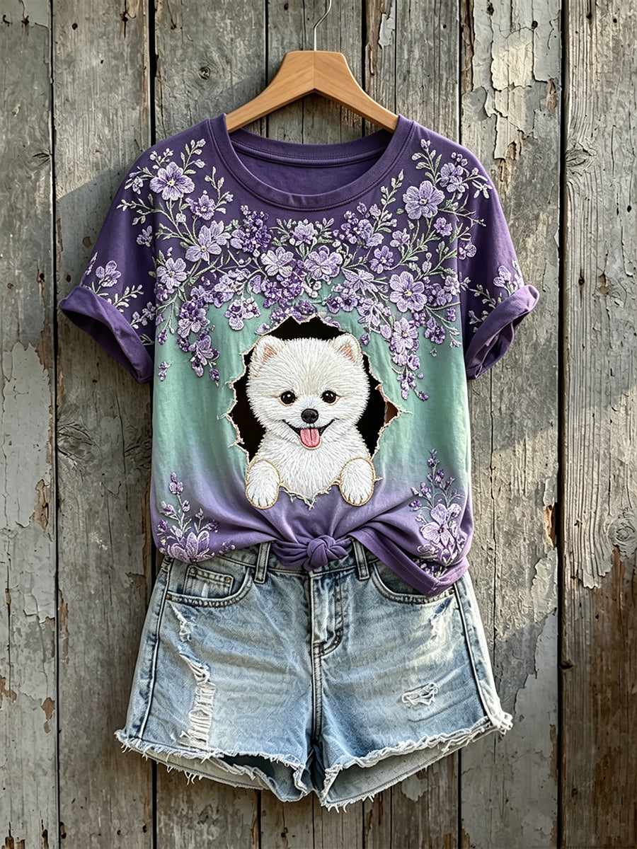 Damen-T-Shirt mit niedlichem Pommern- und Blumen-Art-Print, kurzärmelig