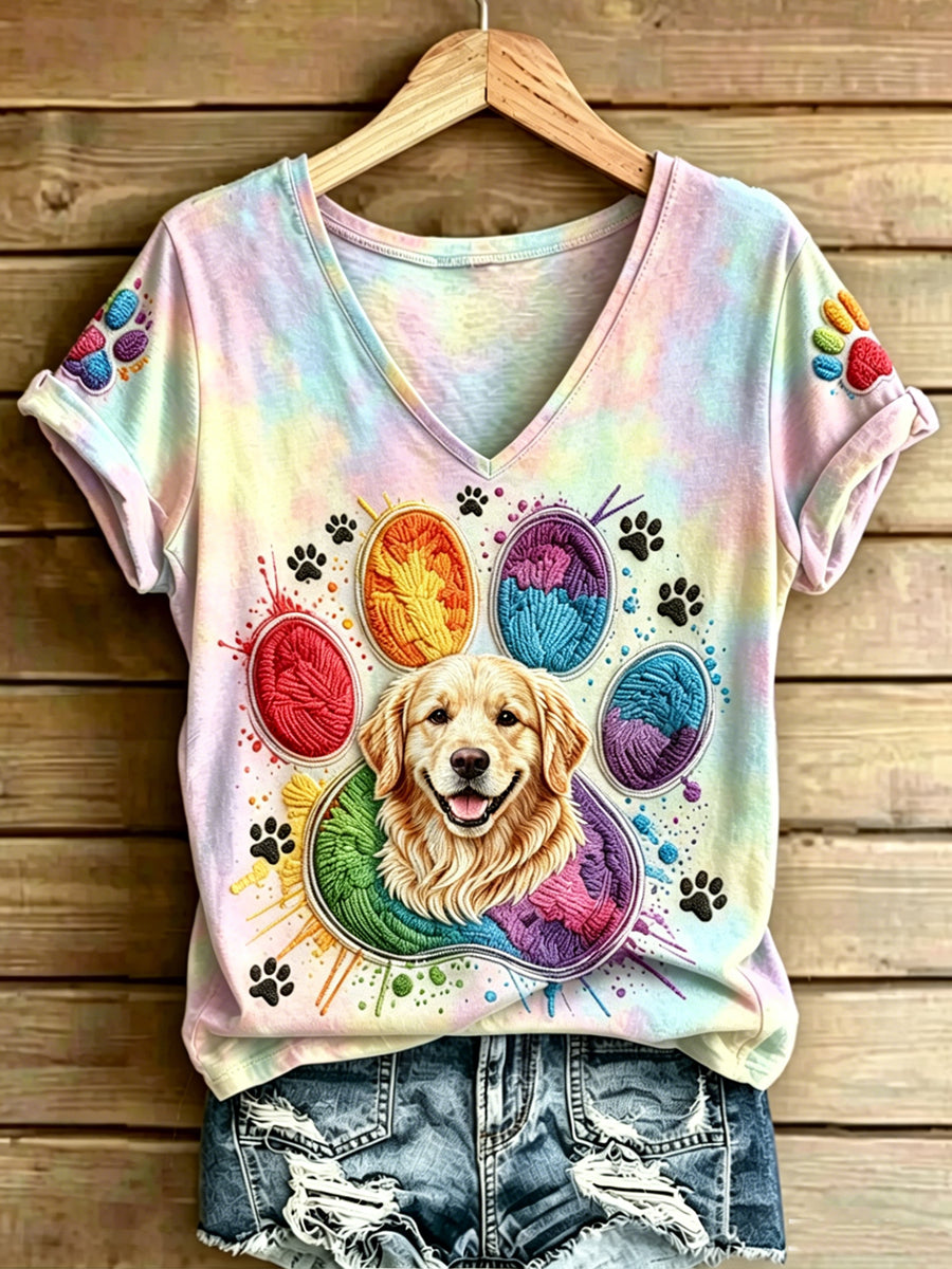 Damen-T-Shirt mit tierischem Hundemuster, im Vintage-Stil, modisch, locker geschnitten, mit kurzen Ärmeln