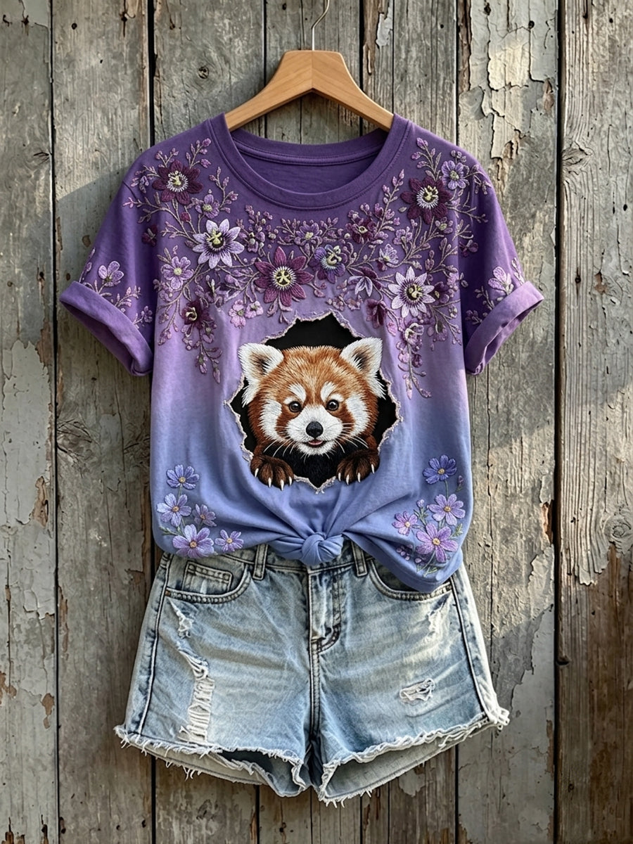 Damen-T-Shirt mit niedlichem Blumenmuster und Roter-Panda-Print, Kurzarm