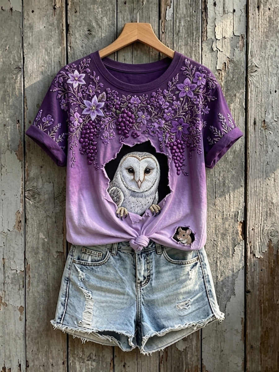 Damen-T-Shirt mit Blumen-, Eulen- und Mäuse-Artprint und kurzen Ärmeln