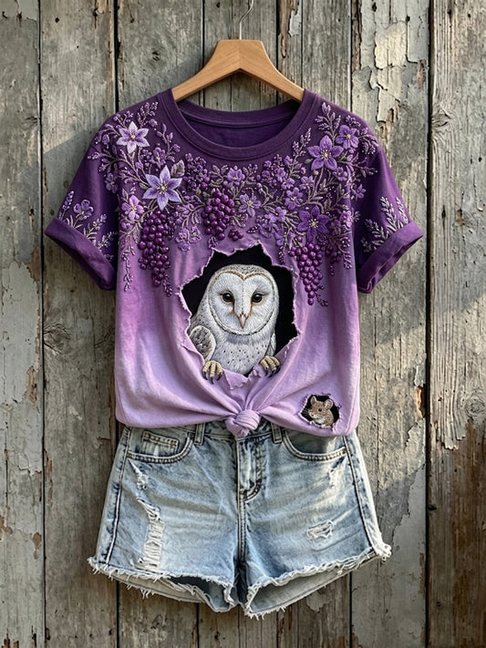 Damen-T-Shirt mit Blumen-, Eulen- und Mäuse-Artprint und kurzen Ärmeln