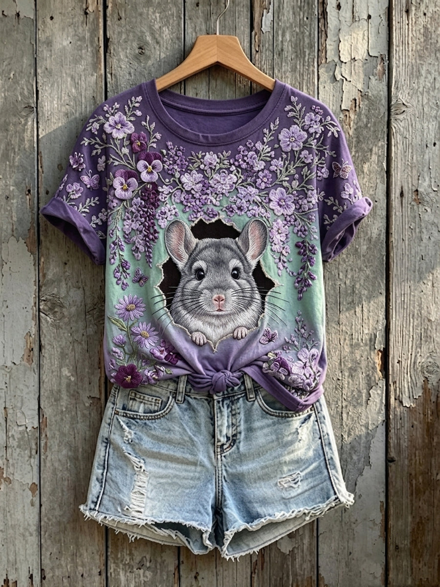 Damen-T-Shirt mit niedlichem Blumen-Chinchilla-Kunstdruck und kurzen Ärmeln