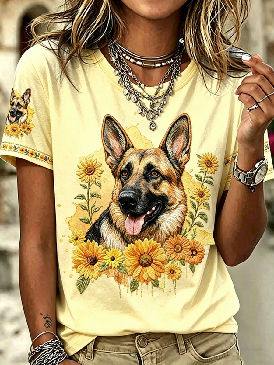 Damen-Hund Deutsche Schäferhunde-Print Vintage-Mode lockeres Kurzarm-T-Shirt