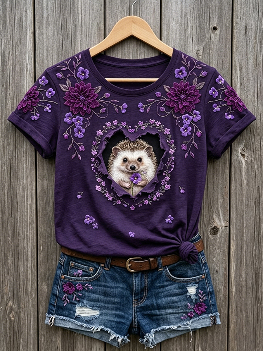 Damen-T-Shirt mit niedlichem Blumen-Igel-Art-Print und kurzen Ärmeln