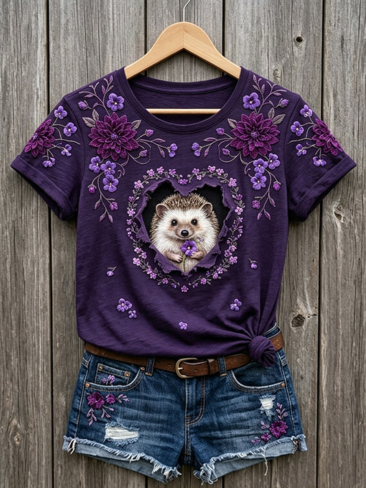 Damen-T-Shirt mit niedlichem Blumen-Igel-Art-Print und kurzen Ärmeln