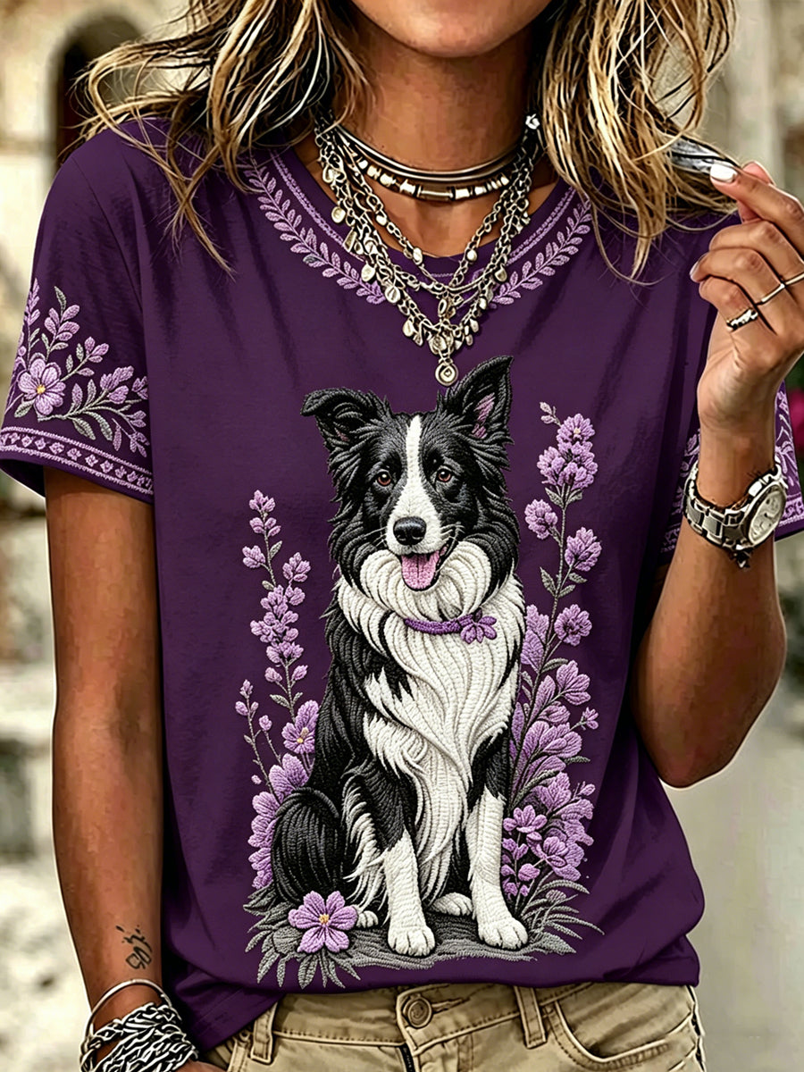 Damen-T-Shirt mit Hunde- und Border‑Collie‑Print, im Vintage‑Stil, modisch, locker geschnitten, mit kurzen Ärmeln