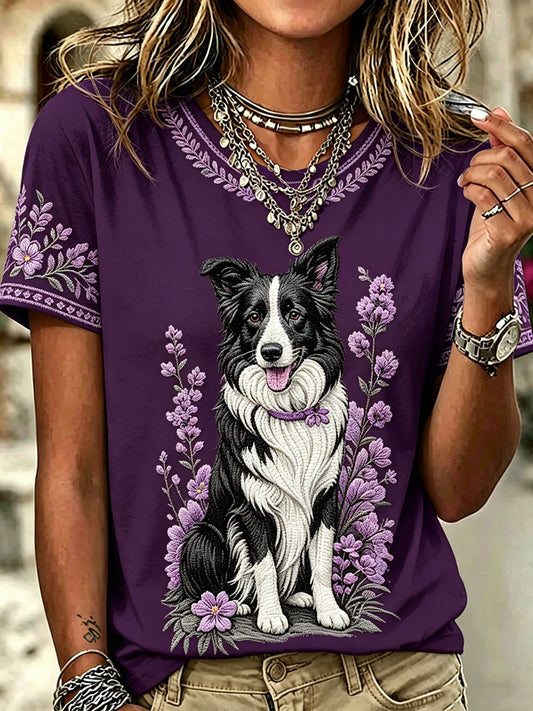 Damen-T-Shirt mit Hunde- und Border‑Collie‑Print, im Vintage‑Stil, modisch, locker geschnitten, mit kurzen Ärmeln