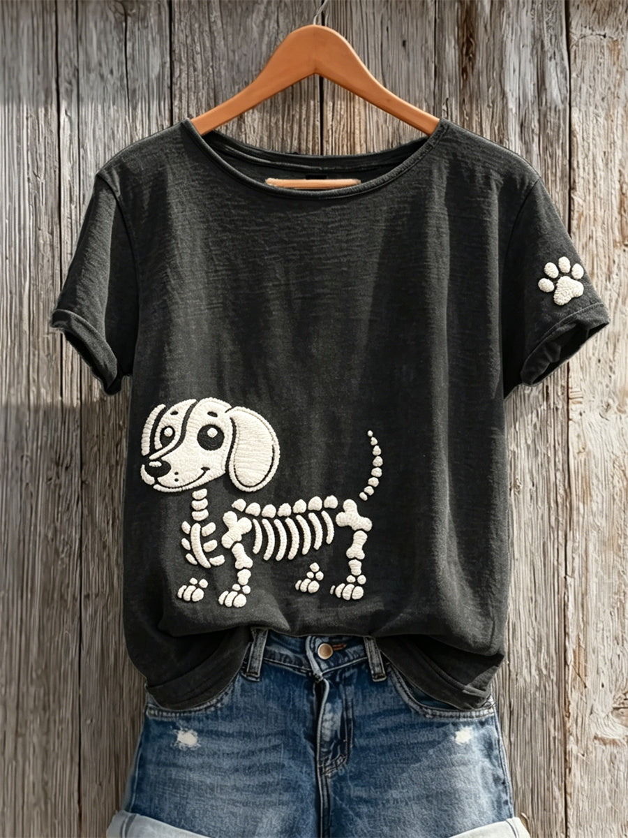 Damen-T-Shirt mit niedlichem Skelett-Dackel und Pfotenabdruck, kurzärmelig