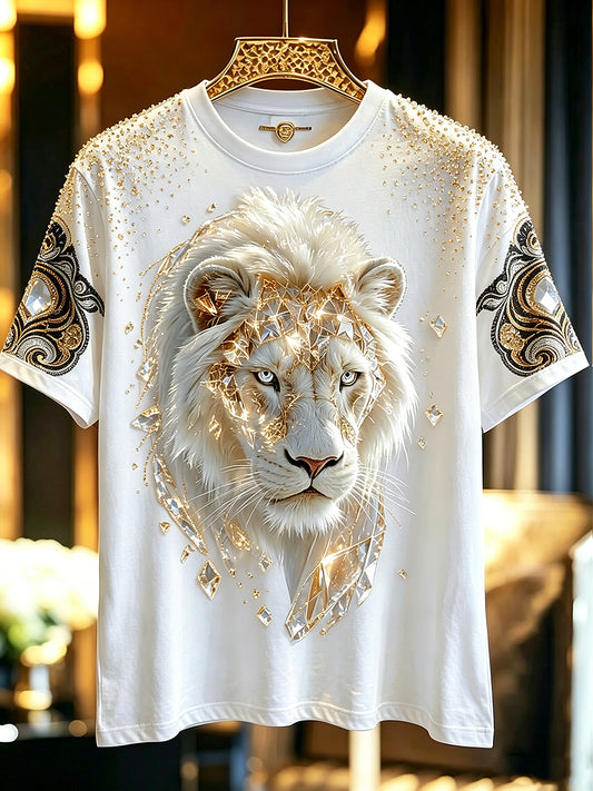 Herren-T-Shirt mit glänzendem Tier-Löwen-Druck, in Vintage-Optik, modisch und weit geschnitten, mit kurzen Ärmeln