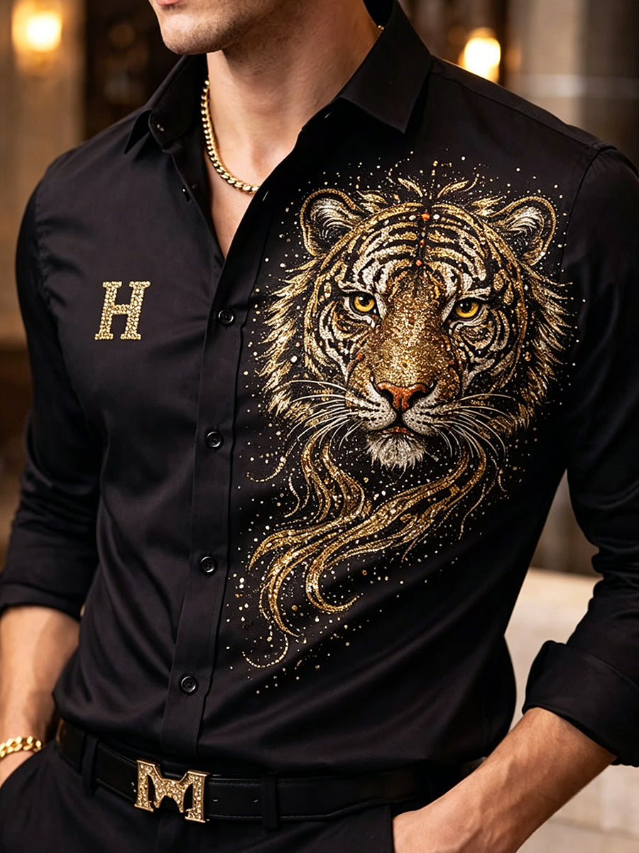 Herren-Tier-Tiger-glänzender Druck lässig lang ärmel iges Hemd
