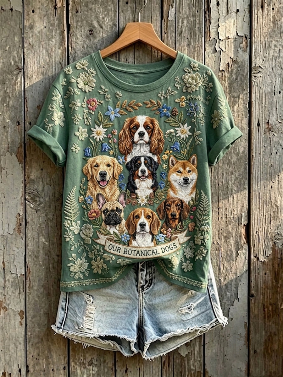 Damen-Floraler Kunstdruck mit Botanik und Hunden – Kurzarm-T-Shirt