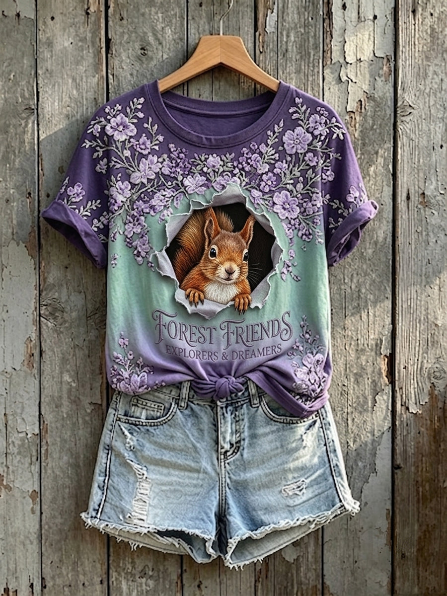 Damen-T-Shirt mit niedlichem Eichhörnchen-Druck aus der Waldfreunde-Kollektion, kurzärmelig