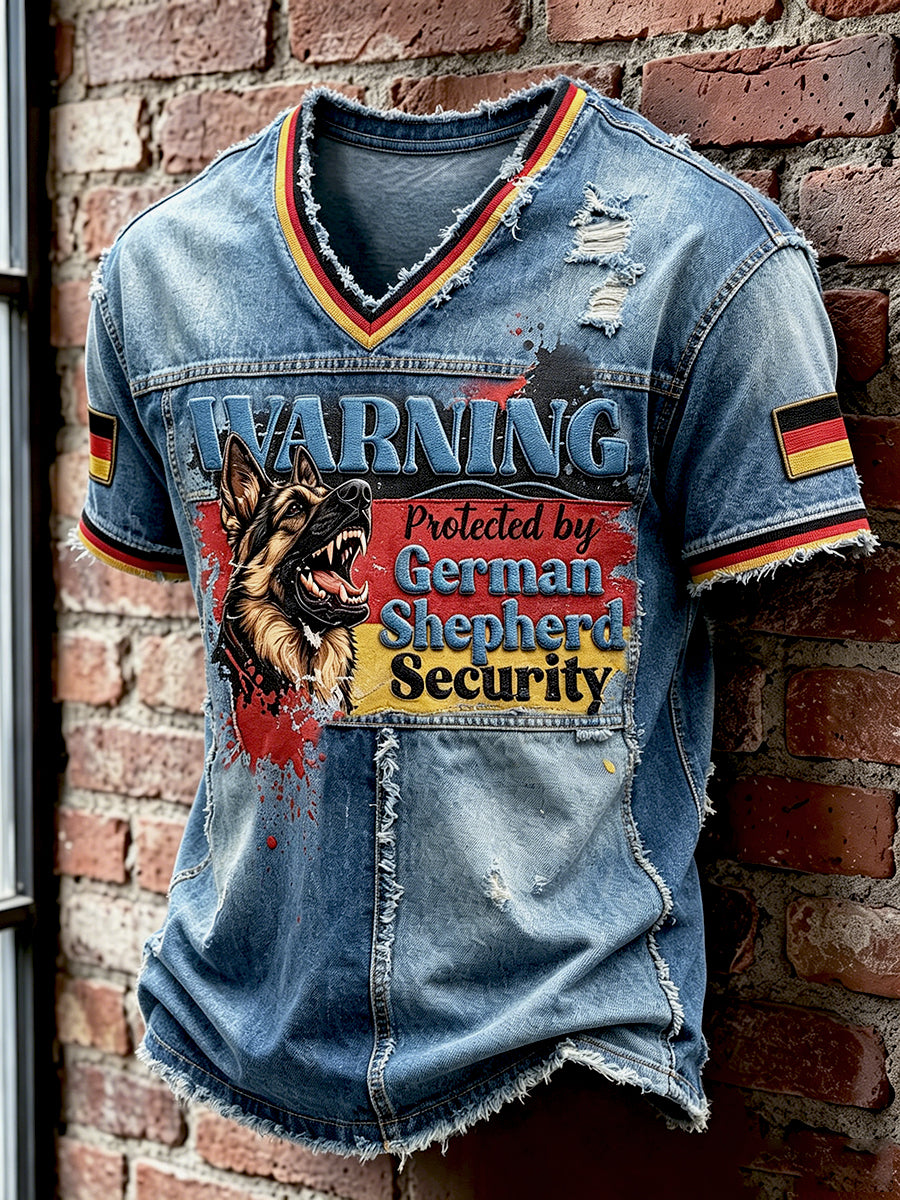 Herren-T-Shirt mit Freizeit-Print im Jeans-Patchwork-Stil und deutscher Flagge sowie Deutschem Schäferhund