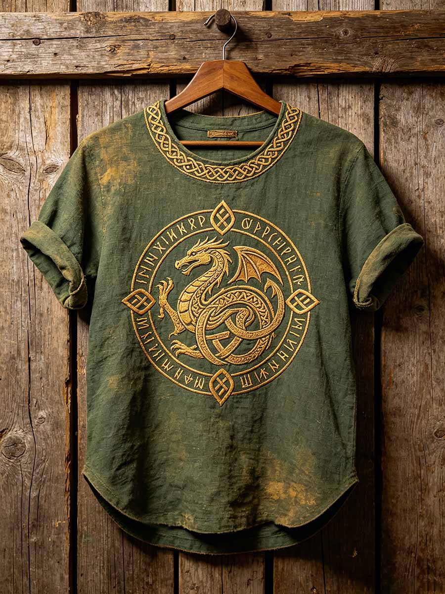 Herren-Vintage-T-Shirt mit keltischem Wikingerknoten und Drachenmuster